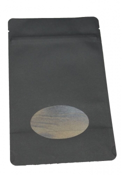 Standbeutel Kraftpapier schwarz mit ovalem Sichtfenster, 130x80x205mm, für ca. 100-250g, je nach Volumen